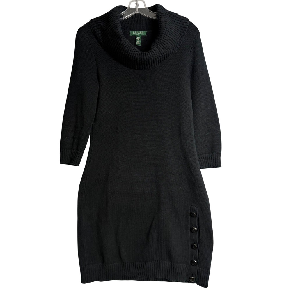Lauren Ralph Lauren Sweater Dress Womens M Black Long Sleeve Cowl Turtleneck